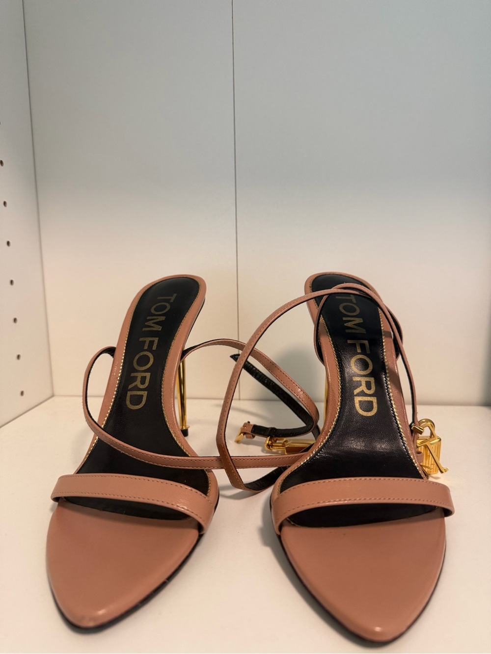 Tom Ford Blush Leather Strappy Pointed-Toe Heels with Gold Accents